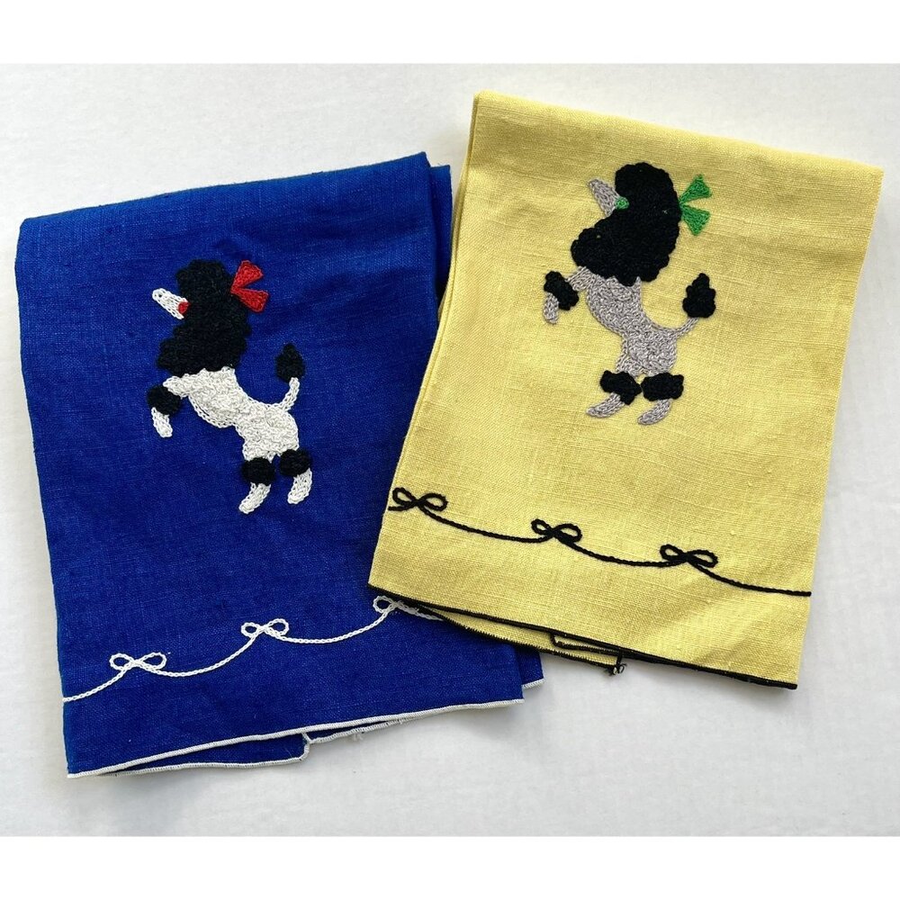 Pair Vintage Blue & Yellow Linen Embroidered Poodle Kitschy Tea Guest Towels